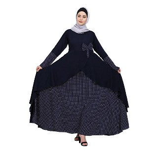 Polka dotted asymmetrical dress abaya- Navy Blue